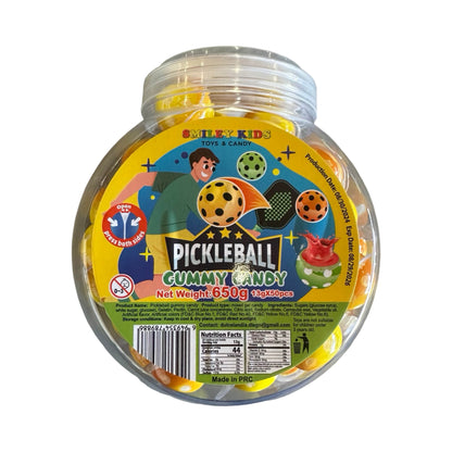 Pickleball Gummy Candy jar featuring colorful gummies shaped like pickleballs, a sweet fruity treat in a convenient 50 count.