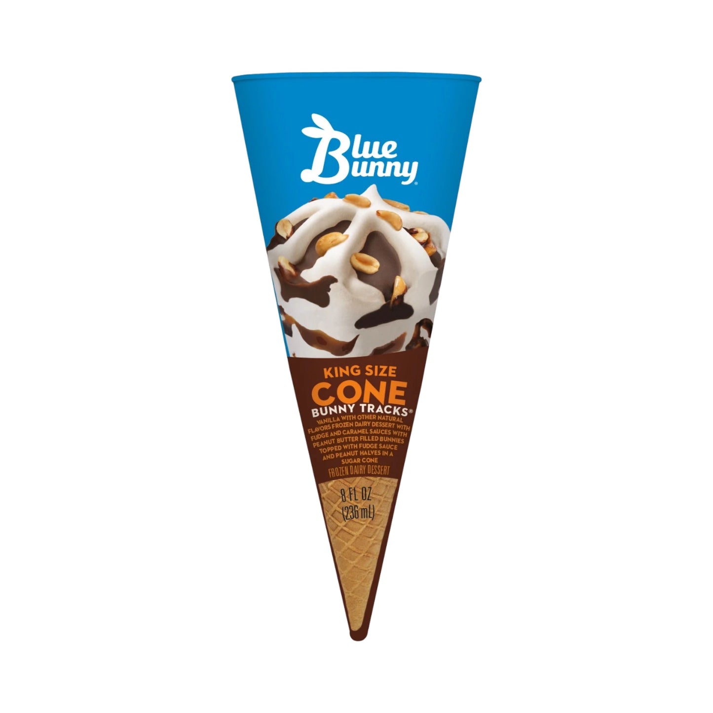 Blue Bunny King Size Bunny Tracks ice cream cone, featuring vanilla ice cream, chocolate, and peanuts, perfect for bulk ice cream lovers.