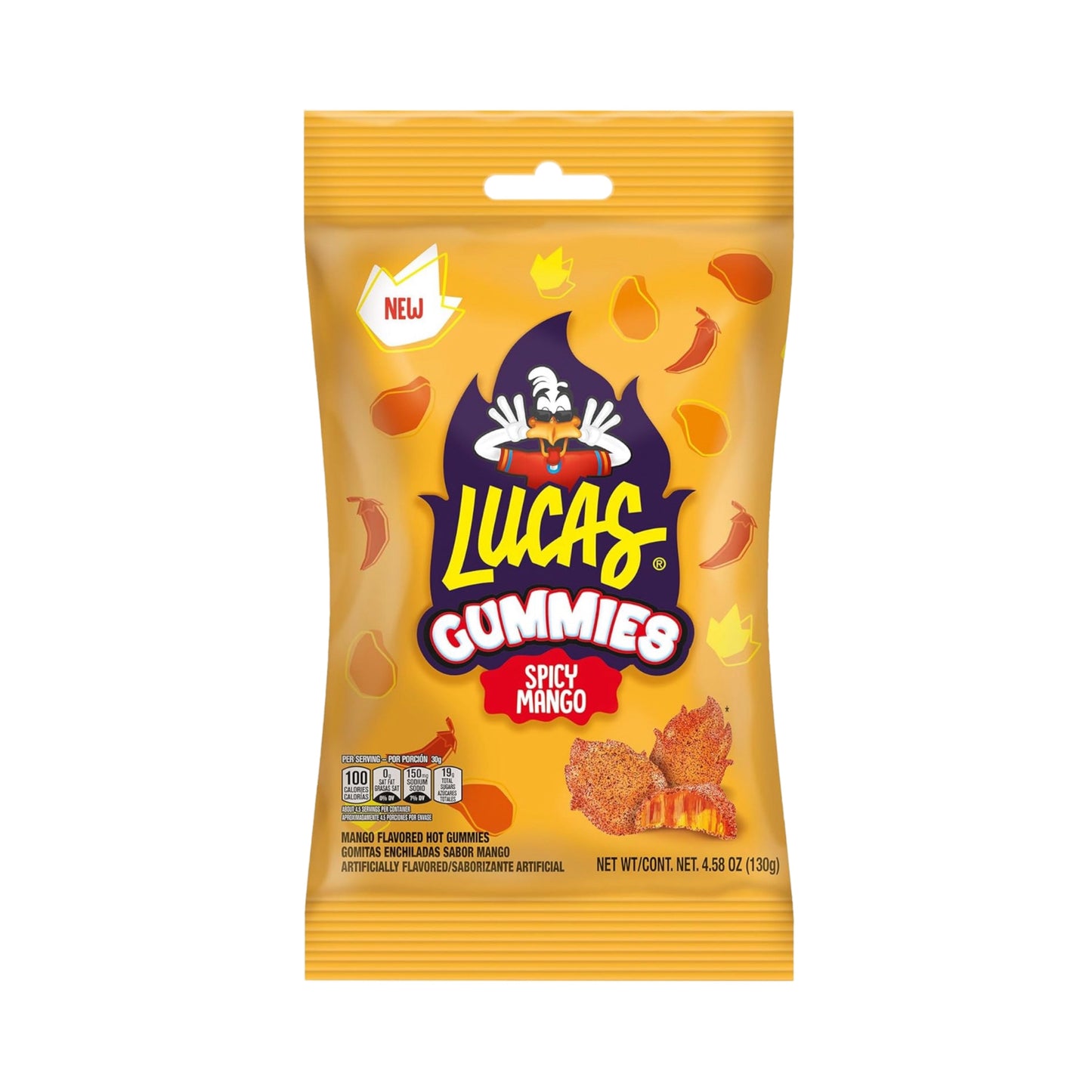 Lucas Gummy Spicy Mango Candy package, featuring tangy and spicy flavors, 4.58 oz Mexican candy treat.