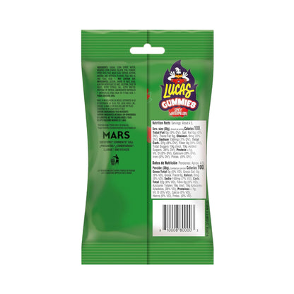 Back packaging of Lucas Gummy Spicy Watermelon Candy, showcasing nutrition facts and vibrant design.