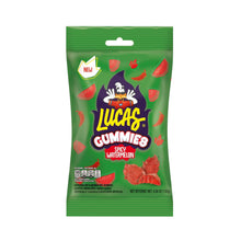Lucas Gummy Spicy Watermelon Candy packaging with vibrant colors and watermelon graphics, 4.58 oz pack of Mexican candy.