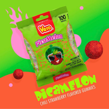 Vero PicaMelon 100-count pack of watermelon-flavored Mexican gummy candy with chili for sweet and spicy flavor.
