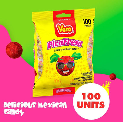 Vero Pica Fresa Mexican gummy candy pack with 100 units, featuring sweet strawberry flavor and spicy chili coating.