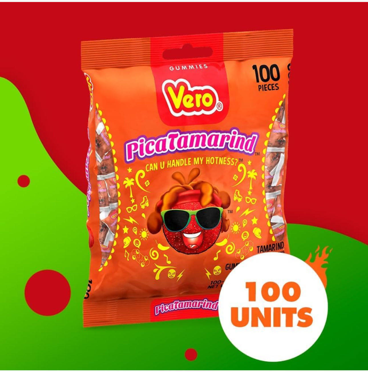 Vero Pica Gomas Tamarindo Mexican gummy candy pack with 100 pieces, featuring sweet and spicy flavors, perfect for bulk candy lovers.