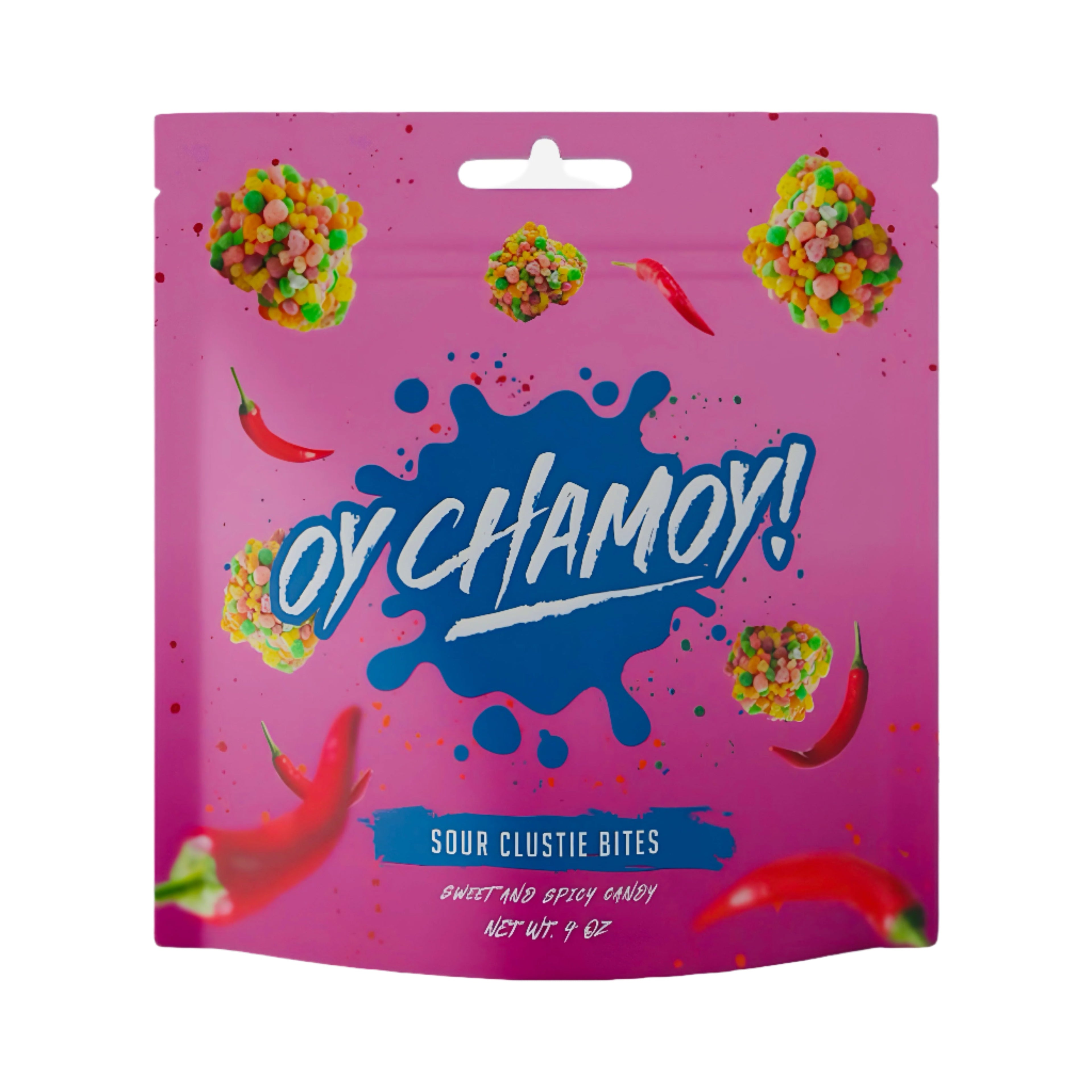 Oy Chamoy! Chamoy Covered Sour Clustie Bites, a sweet and spicy Mexican candy, 4 oz packaging.