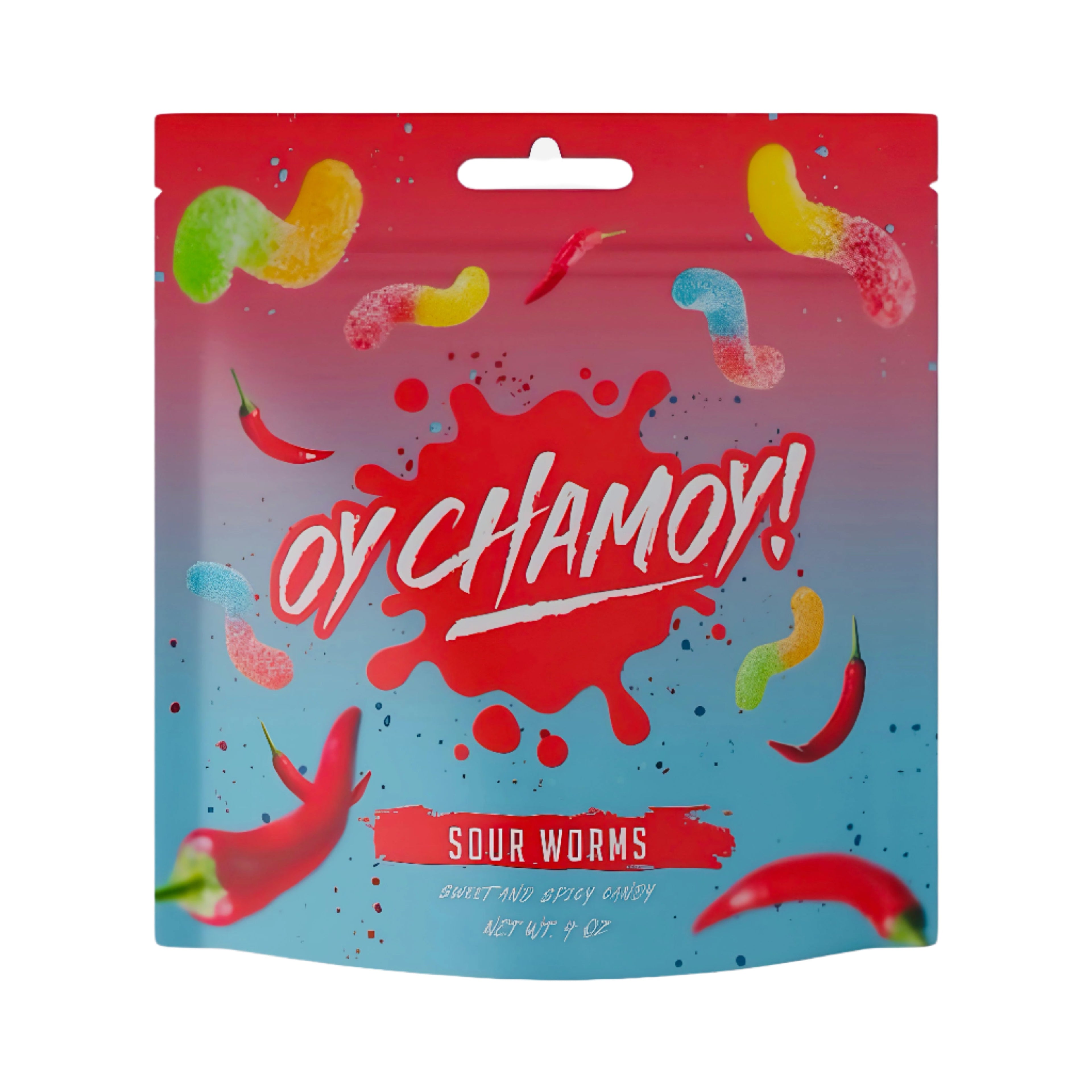 Oy Chamoy! Chamoy Covered Sour Gummy Worms packaging, featuring colorful worms and spicy flavor profile. 4 oz Mexican candy.