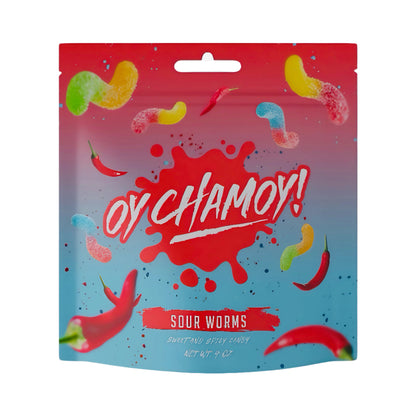 Oy Chamoy! Chamoy Covered Sour Gummy Worms packaging, featuring colorful worms and spicy flavor profile. 4 oz Mexican candy.