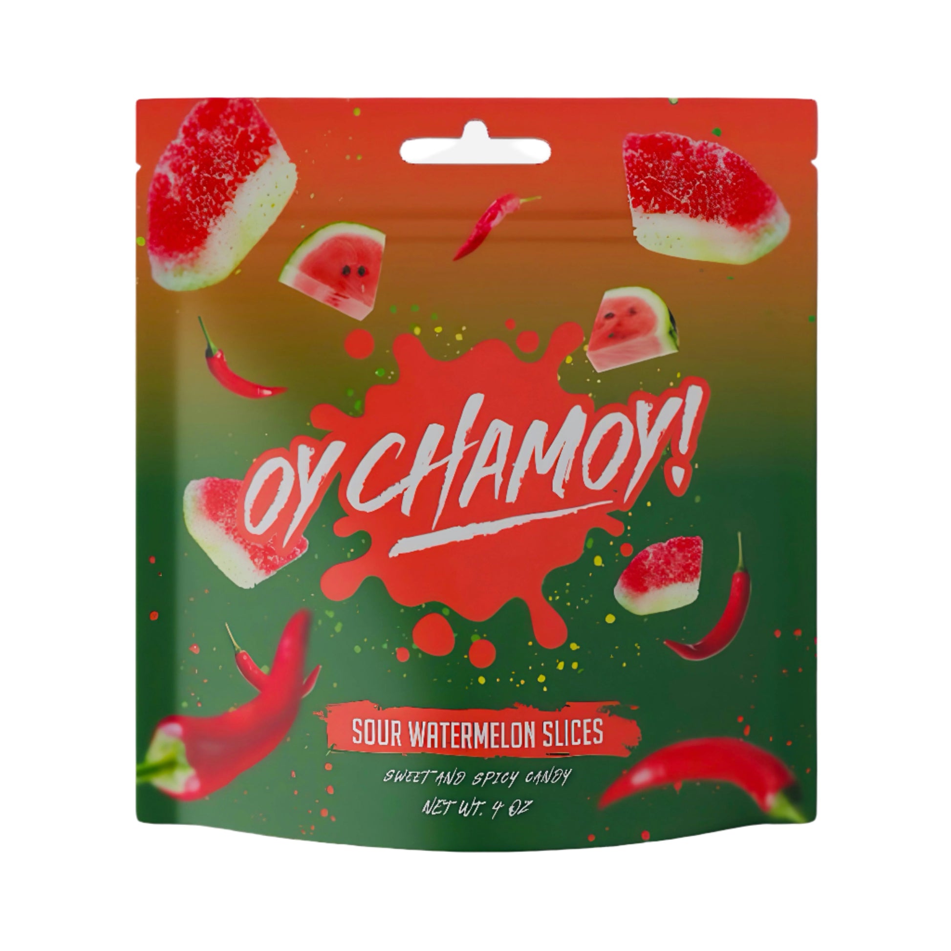 Oy Chamoy! Chamoy Sour Watermelon Slices, a sweet and spicy Mexican candy in a vibrant packaging.