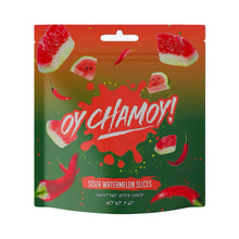 Oy Chamoy! Chamoy Sour Watermelon Slices, a sweet and spicy Mexican candy in a vibrant packaging.