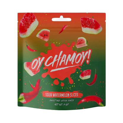 Oy Chamoy! Chamoy Sour Watermelon Slices, a sweet and spicy Mexican candy in a vibrant packaging.