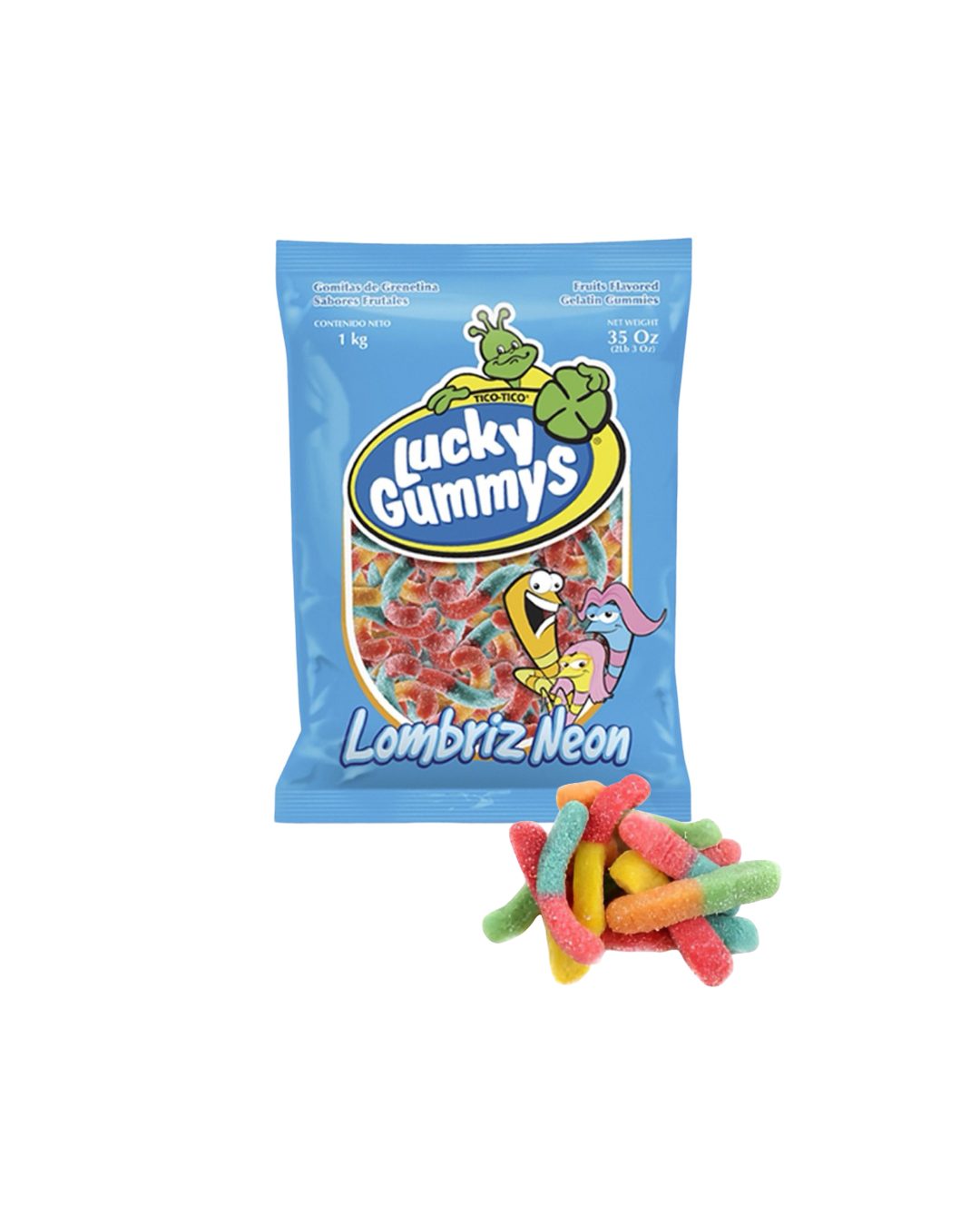 Lucky Gummys Lombriz Neon (Sour Gummy Worms) Bag 1 Kg