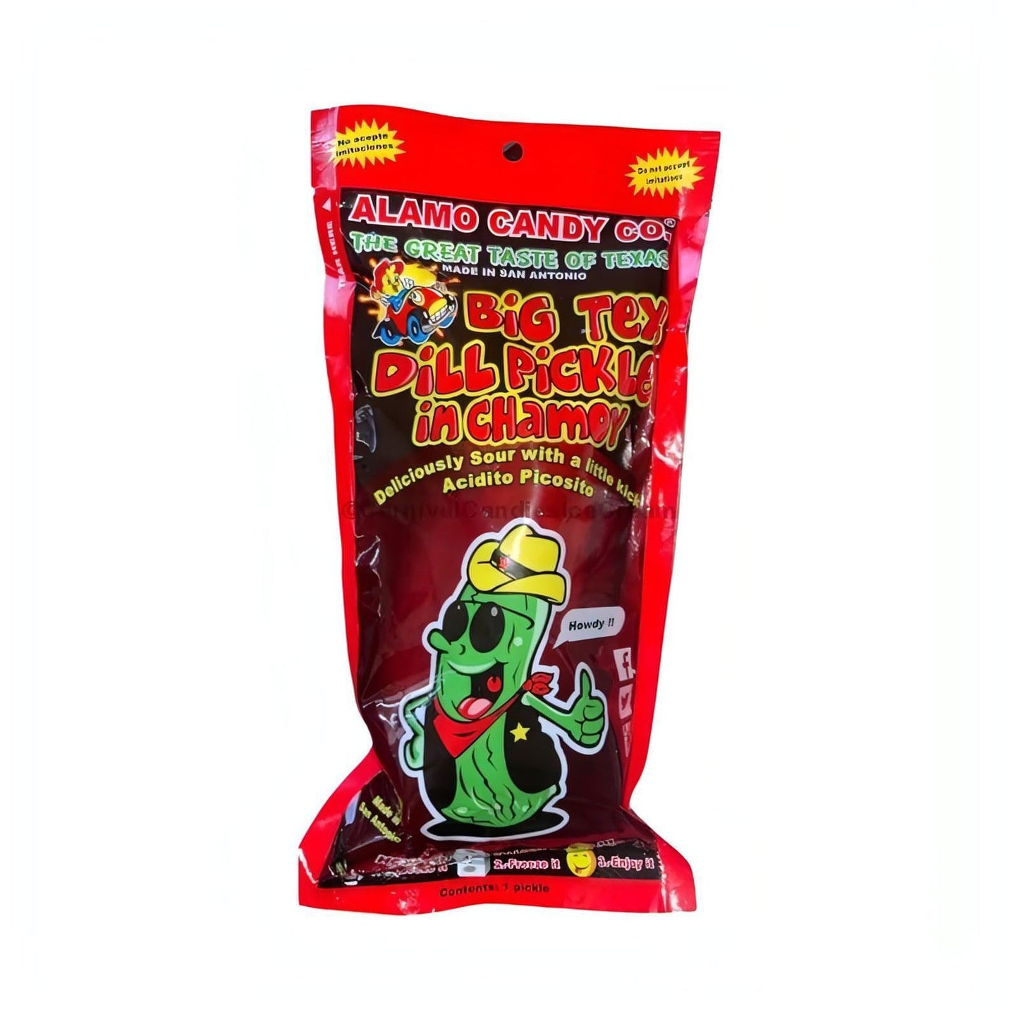 Alamo Candy Big Tex Dill Pickle in Chamoy, a bold and tangy Mexican candy with a flavorful kick.