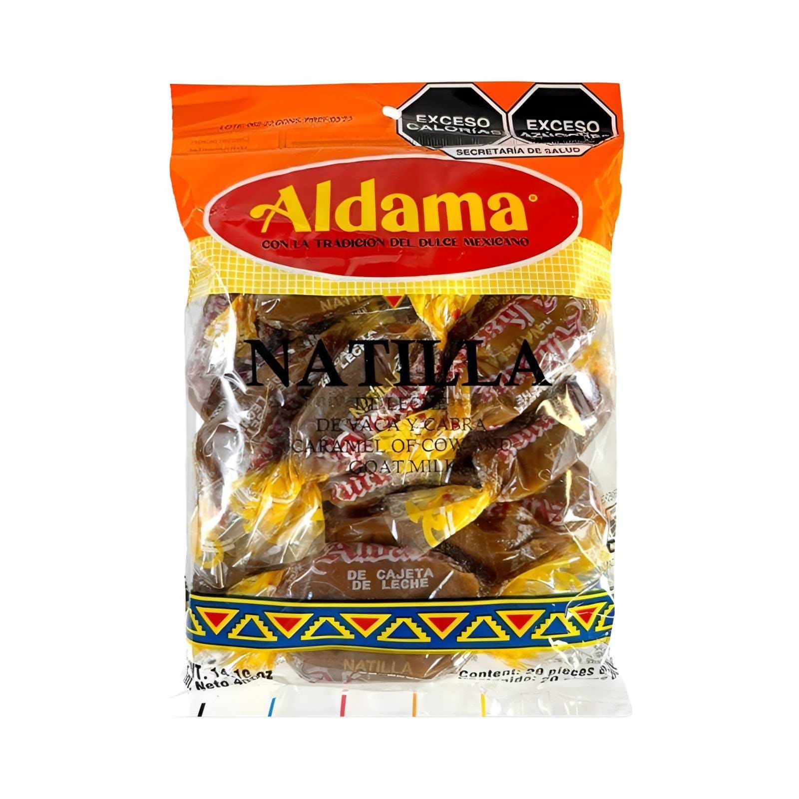 Aldama Natilla 20 Count bulk Mexican candy featuring chewy, creamy individual sweets in a vibrant packaging.