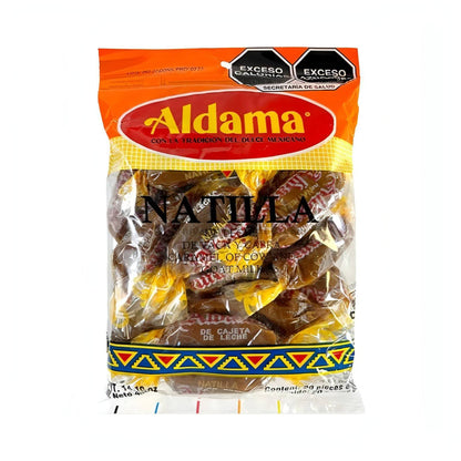 Aldama Natilla 20 Count bulk Mexican candy featuring chewy, creamy individual sweets in a vibrant packaging.