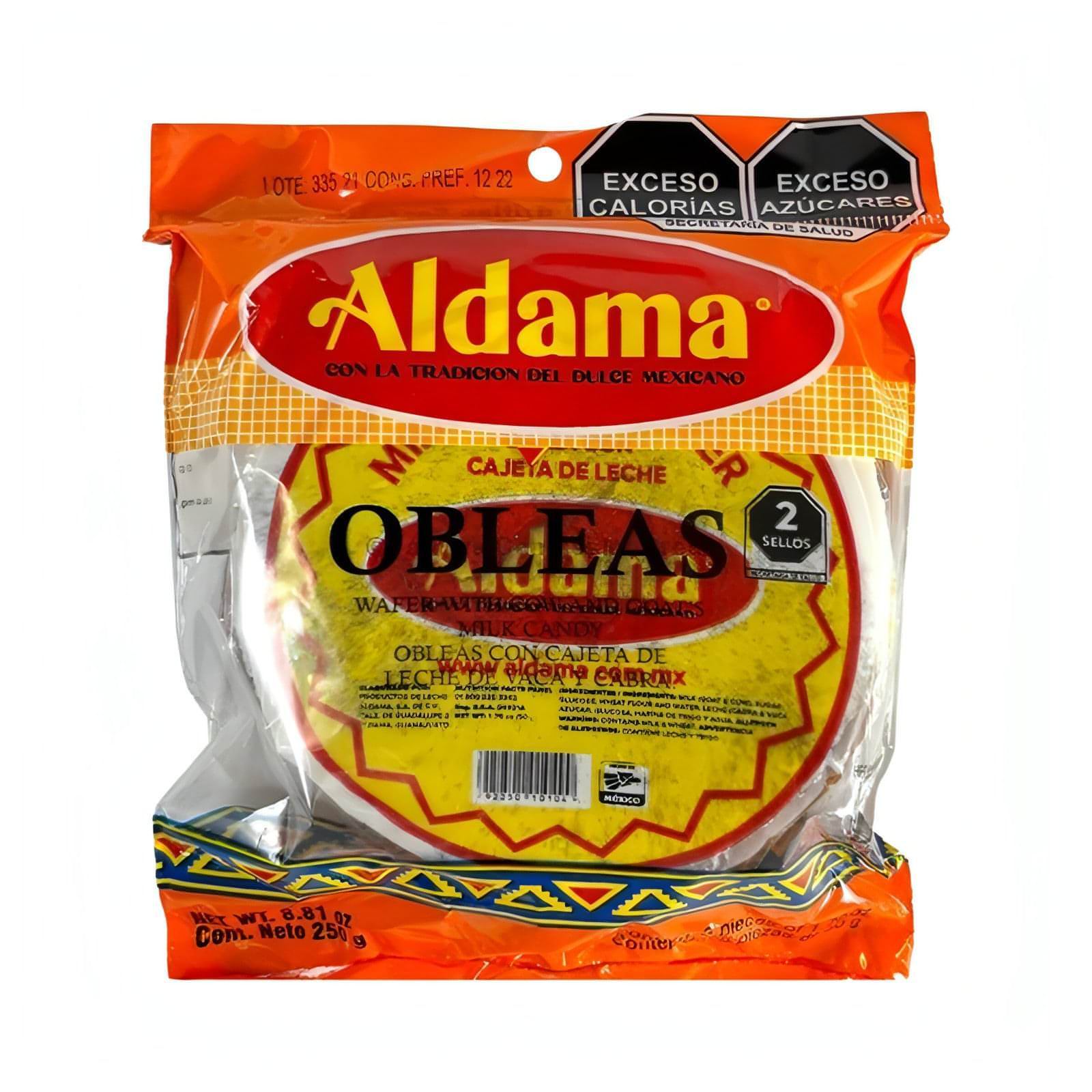 Aldama Obleas Cajeta Large pack of 5 sweet wafers with creamy goat's milk caramel, a unique bulk Mexican candy treat.