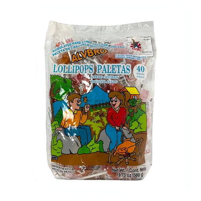 Alvbro Lollipop bag with 40 acidulated peach and pineapple flavored candies, a tasty Mexican candy in bulk.