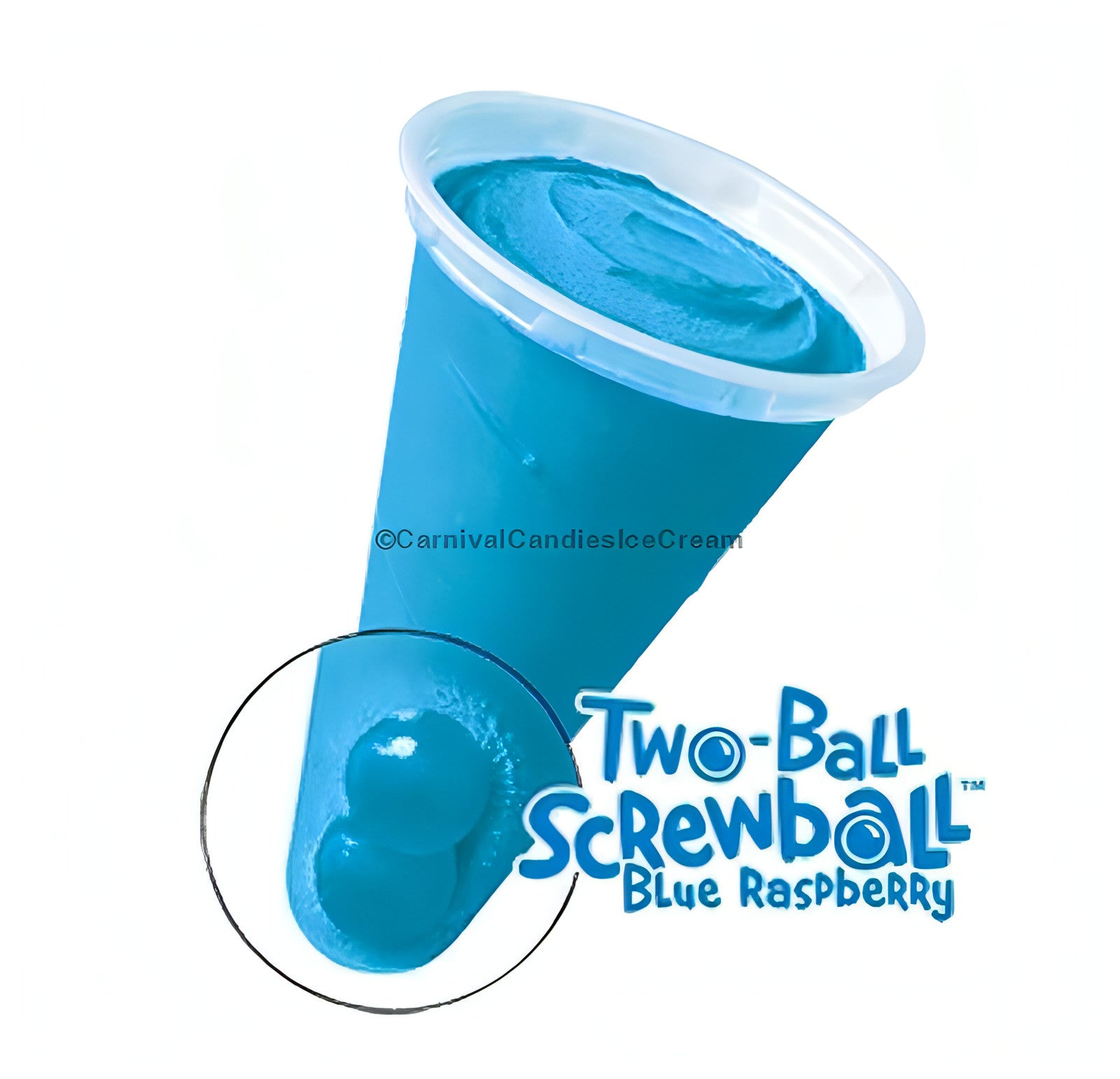 Blue Bunny Two-Ball Screwball Blue Raspberry ice cream cup showcasing vibrant blue ice cream in a cone-shaped container.