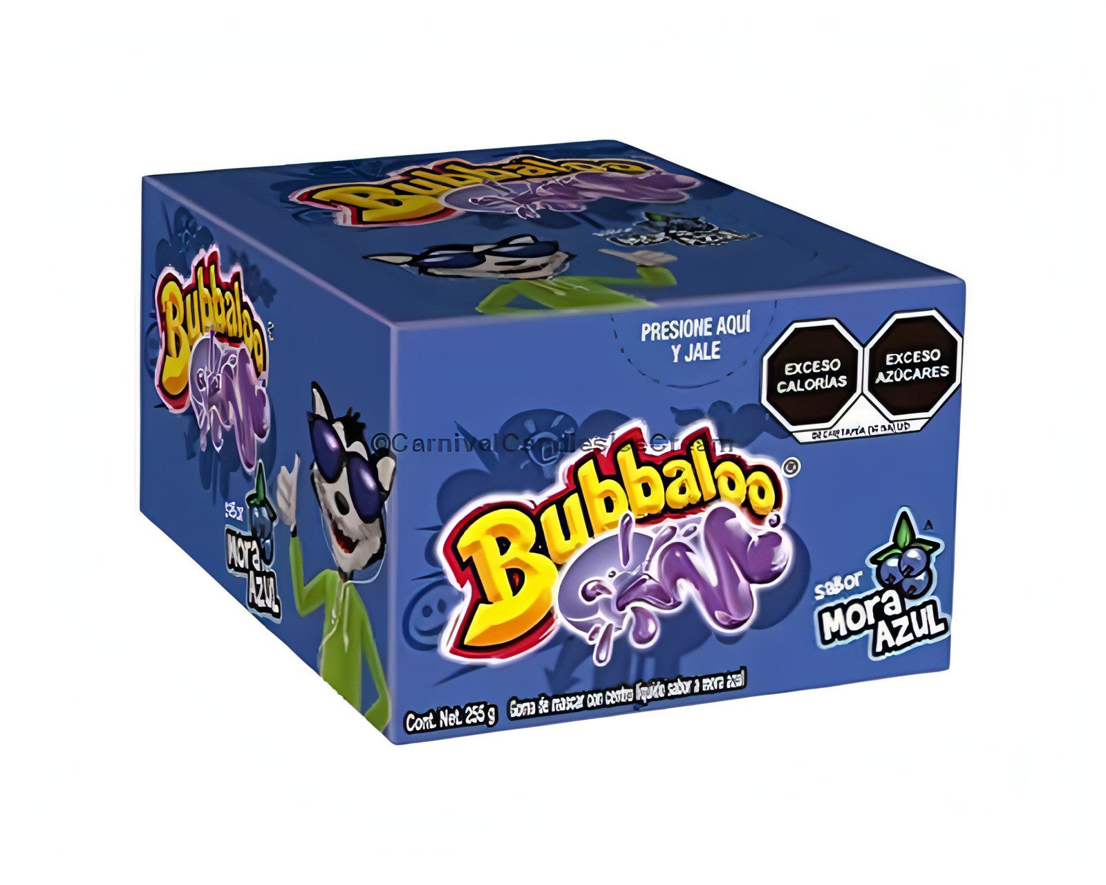 Bubbaloo Mora Azul chewing gum box, 47 count, featuring blueberry flavor and liquid center, ideal bulk Mexican candy.