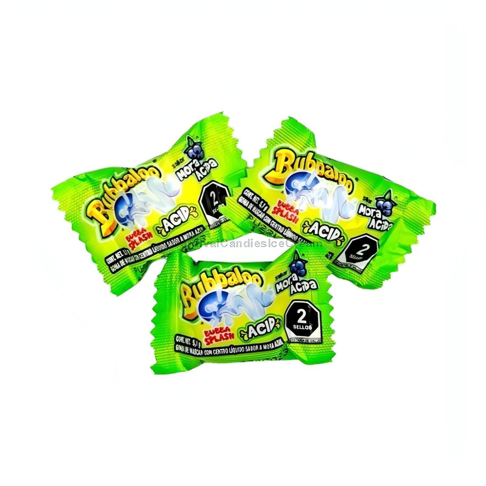 Bubbaloo Sour Blue Raspberry Splash gum wrappers showcasing Mexican candy with liquid-filled centers.