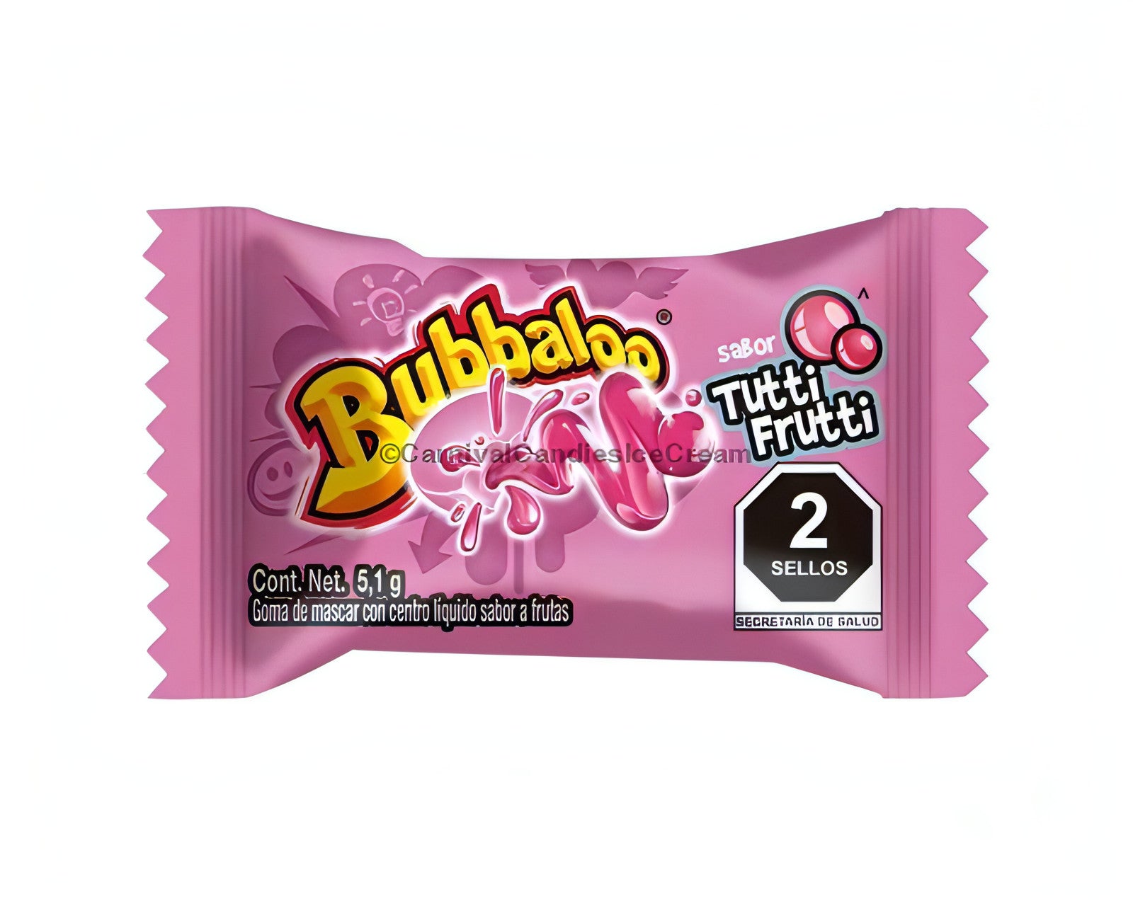 Bubbaloo Tutti Frutti chewing gum packaging, 47 count, showcasing unique gum with liquid centers, perfect bulk Mexican candy.