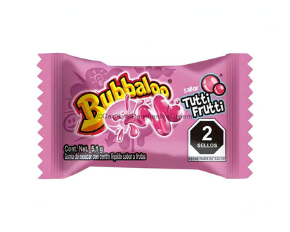 Bubbaloo Tutti Frutti chewing gum packaging, 47 count, showcasing unique gum with liquid centers, perfect bulk Mexican candy.