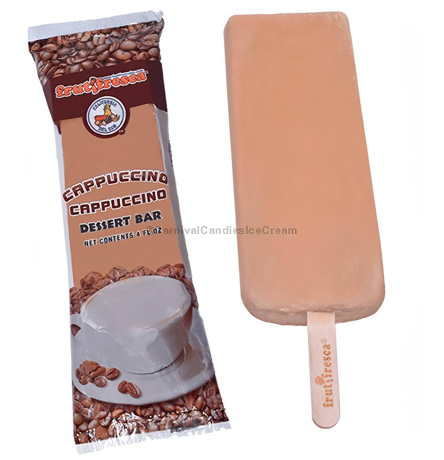 Cappuccino Natural Fruit Bar Ice Cream in packaging with a bar beside it; a healthy snack option in bulk.