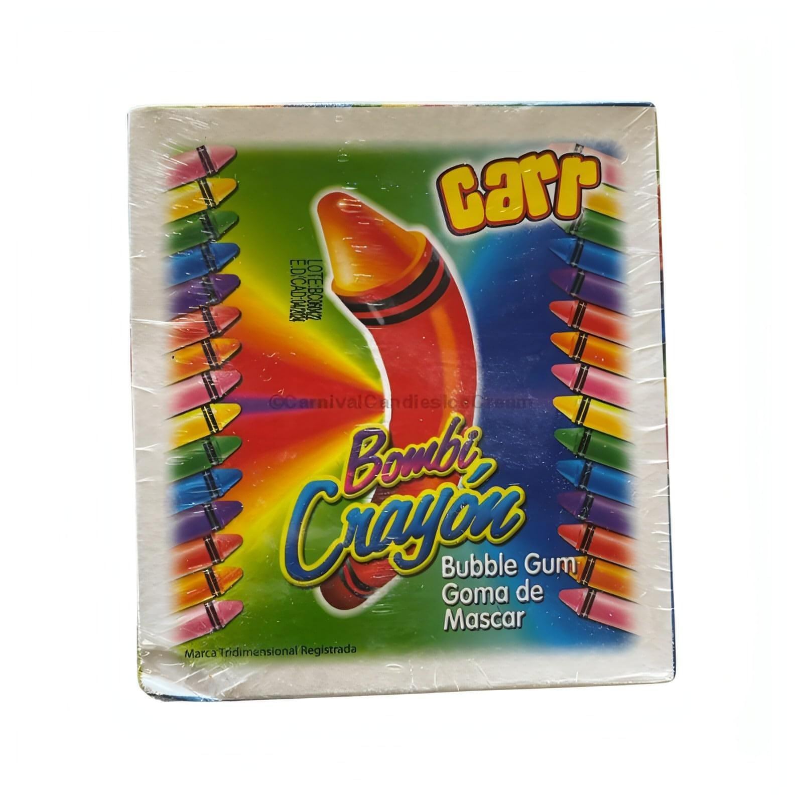 Carr Bombi Crayon Bubble Gum packaging featuring colorful crayon design, ideal for bulk Mexican candy lovers.