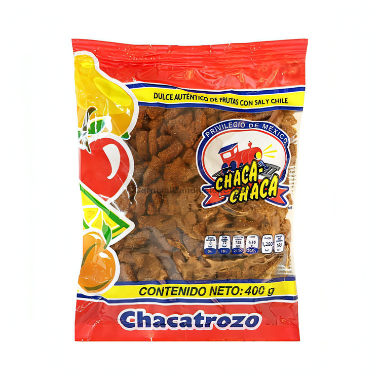 Chaca-Chaca Chacatrozo Mexican candy packaging featuring tangy tamarind pieces, 400g, ideal for bulk Mexican candy orders.