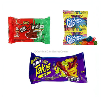 Assorted snacks including Lucas Skwinkles, Fruit Gushers, and Mini Takis in colorful packaging.