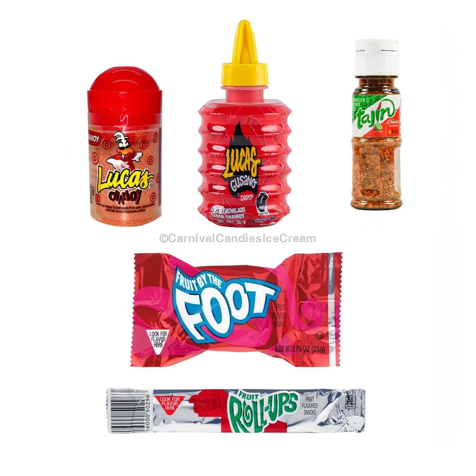 Colorful assortment of snacks including chamoy, fruit roll-ups, and spicy seasonings for snacking fun.