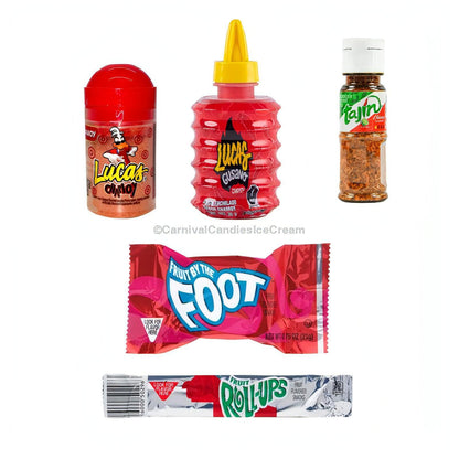 Colorful assortment of snacks including chamoy, fruit roll-ups, and spicy seasonings for snacking fun.