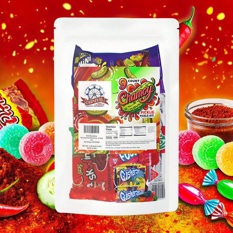 Chamoy Pickle Kit (9 Count) packaging featuring colorful candies and spices, perfect for flavorful snacking.
