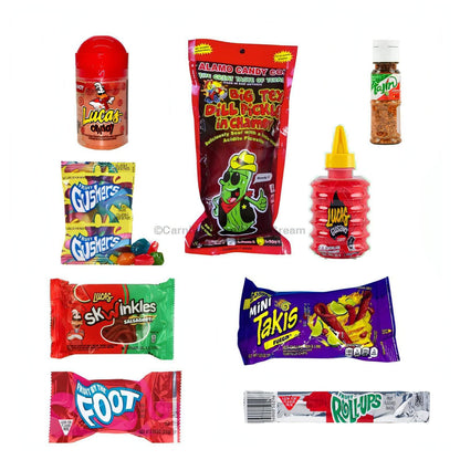 Colorful assortment of snacks including a Chamoy Pickle Kit, candies, and spicy treats for a flavorful snacking experience.