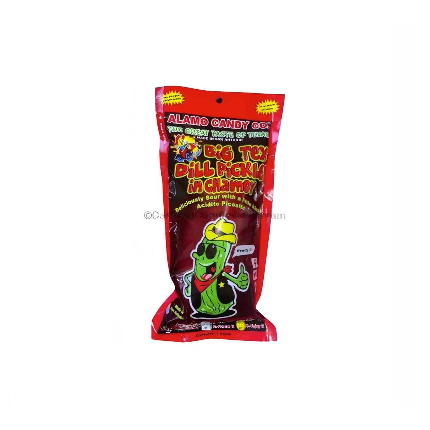 Big Tex Alamo Chamoy Pickle in pouch packaging, perfect for making chamoy pickle snacks.