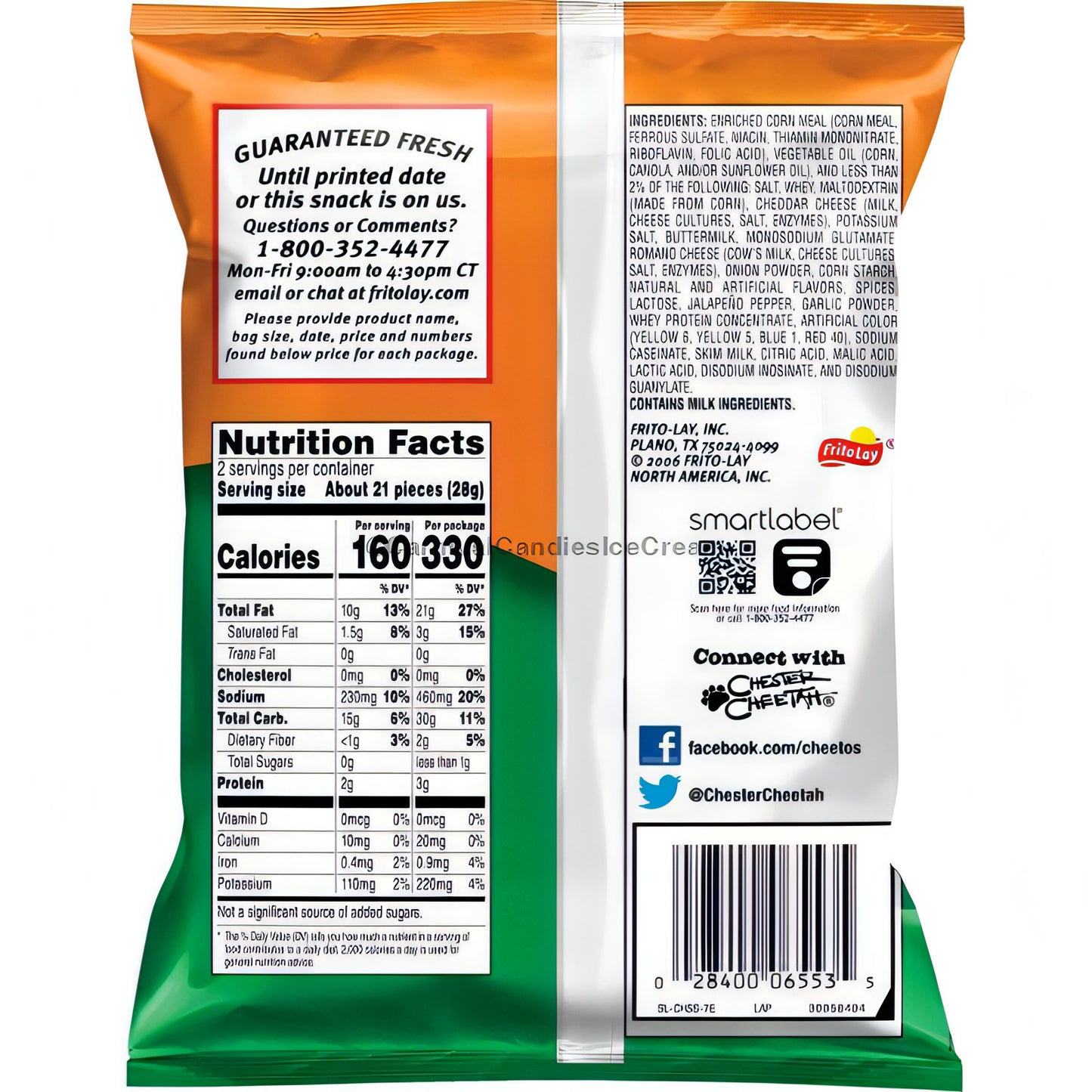Back of Cheetos Cheddar Jalapeno 2 Oz bag showing nutrition facts and ingredients, ideal for bulk snacks.