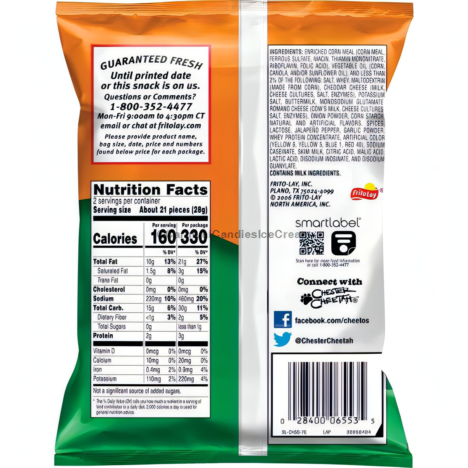Back of Cheetos Cheddar Jalapeno 2 Oz bag showing nutrition facts and ingredients, ideal for bulk snacks.
