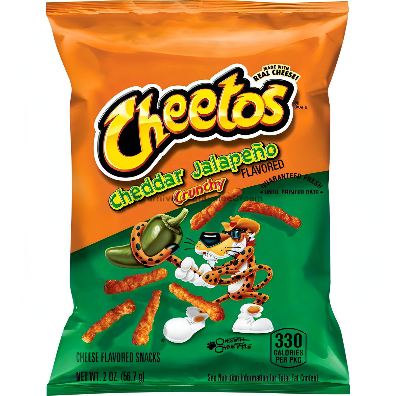 Cheetos Cheddar Jalapeno 2 Oz bag, spicy snacks from Frito Lay, bold flavor with crunchy texture, bulk chips case.
