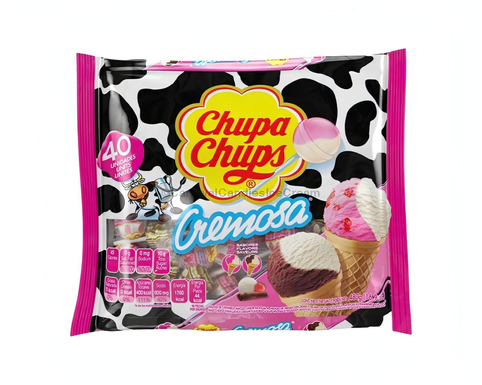 Chupa Chups Cremosa Lollipops assorted flavors pack, 40 count, featuring Strawberry Cream and Chocolate Vanilla.