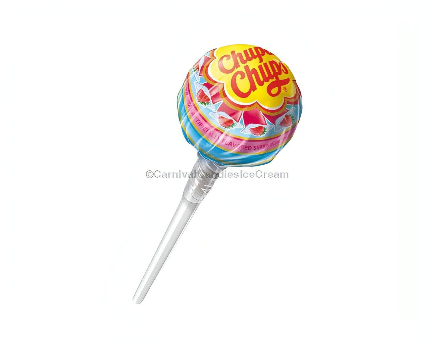 Chupa Chups Cremosa lollipop with colorful wrapper, bulk Mexican candy with strawberry cream and chocolate vanilla flavors.