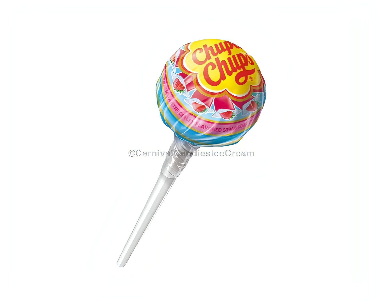 Chupa Chups Cremosa lollipop with colorful wrapper, bulk Mexican candy with strawberry cream and chocolate vanilla flavors.