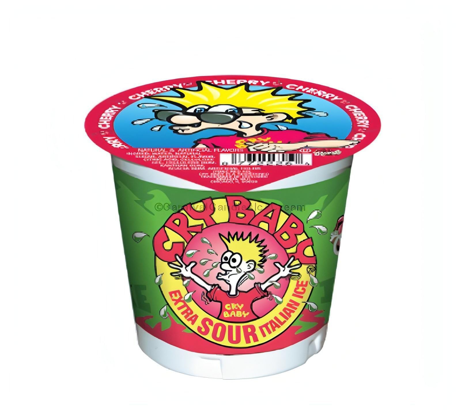 Rosati Cry Baby Sour Cherry Cup packaging showcasing bright colors and cartoon character, perfect for bulk ice cream lovers.