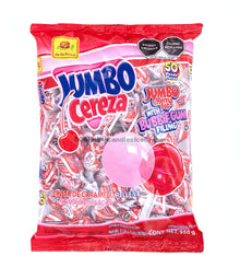 De La Rosa Jumbo Cereza Lollipops pack, 50 count with bubble gum filling, delicious bulk Mexican candy.