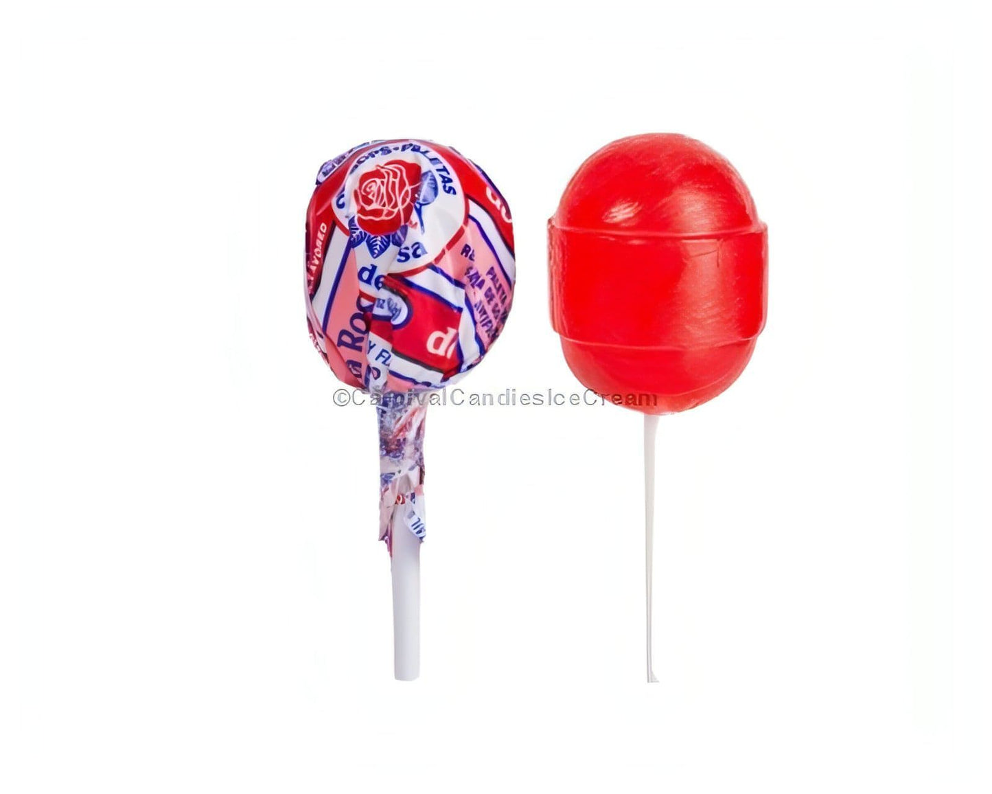 De La Rosa Mini Jumbo Cereza cherry lollipops with bubble gum filling, perfect for bulk Mexican candy lovers.