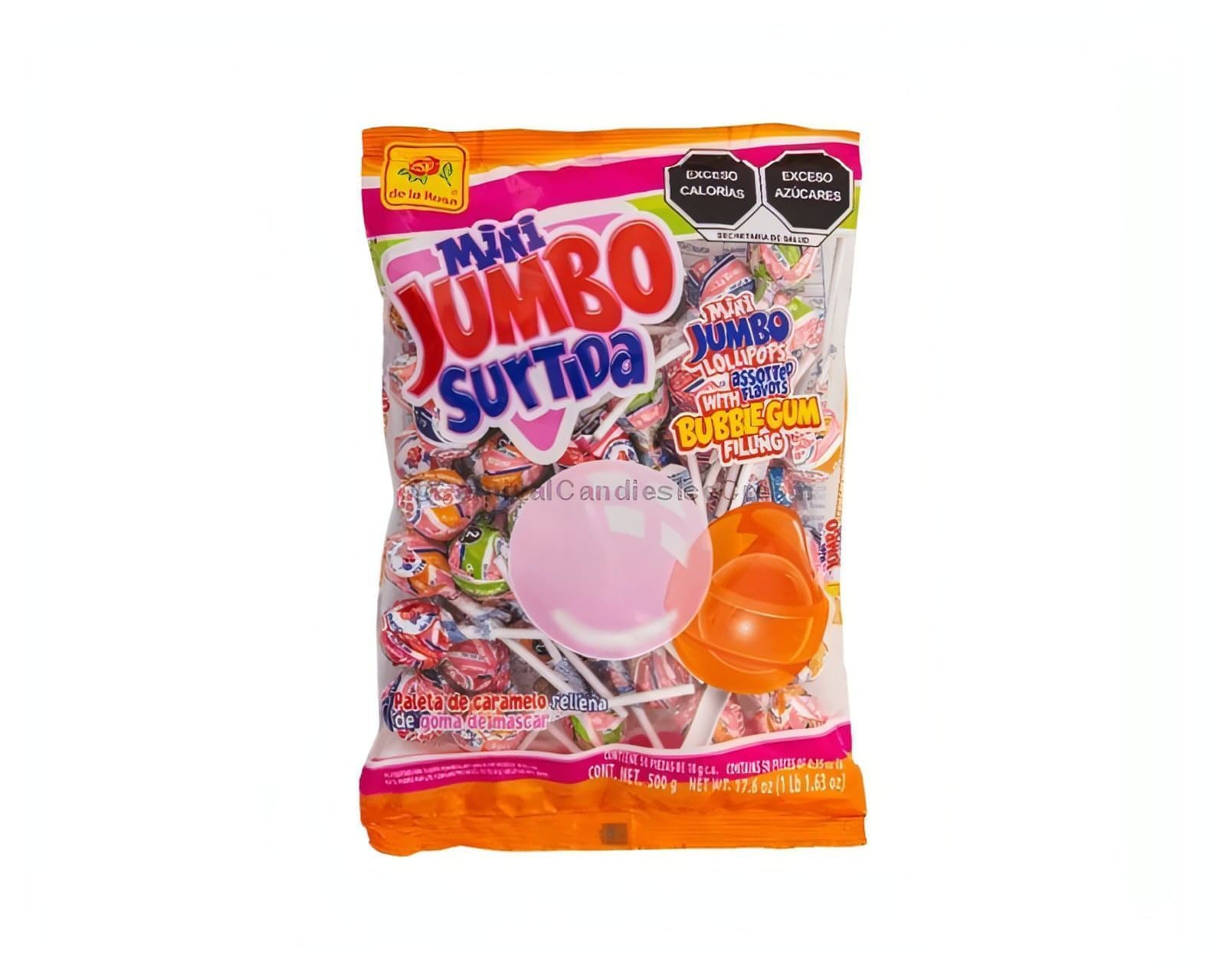 De La Rosa Mini Jumbo Surtida 50 Count, colorful Mexican candy lollipops with bubble gum filling in assorted flavors.
