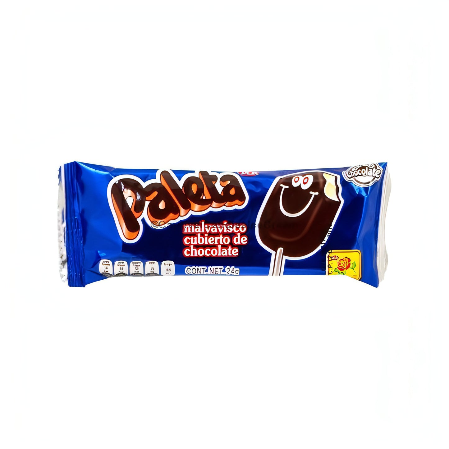 De La Rosa Paleta Chocolate Lollipops packaging featuring fluffy marshmallow and rich chocolate, perfect bulk Mexican candy.