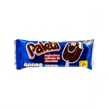 De La Rosa Paleta Chocolate Lollipops packaging featuring fluffy marshmallow and rich chocolate, perfect bulk Mexican candy.