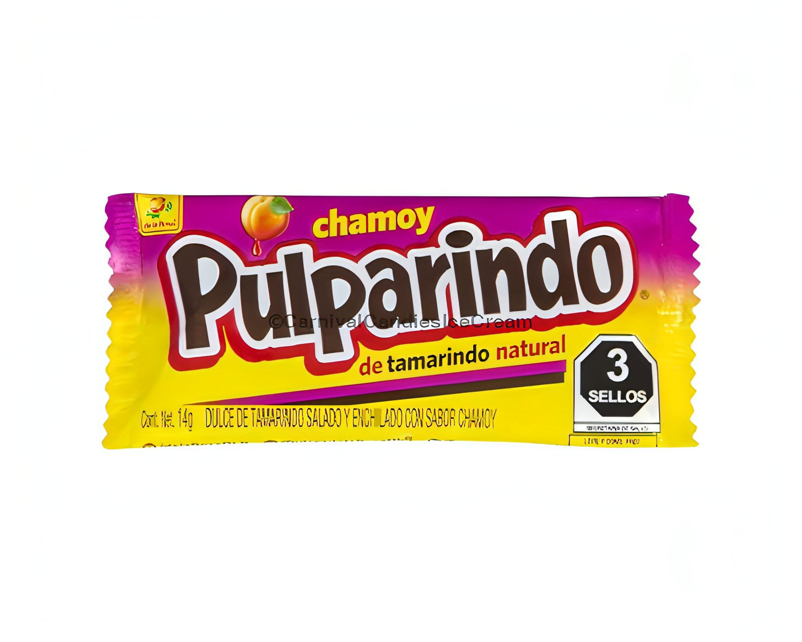 De La Rosa Pulparindo Chamoy candy wrapper, a delicious bulk Mexican candy with tamarind, chili, and chamoy flavor.