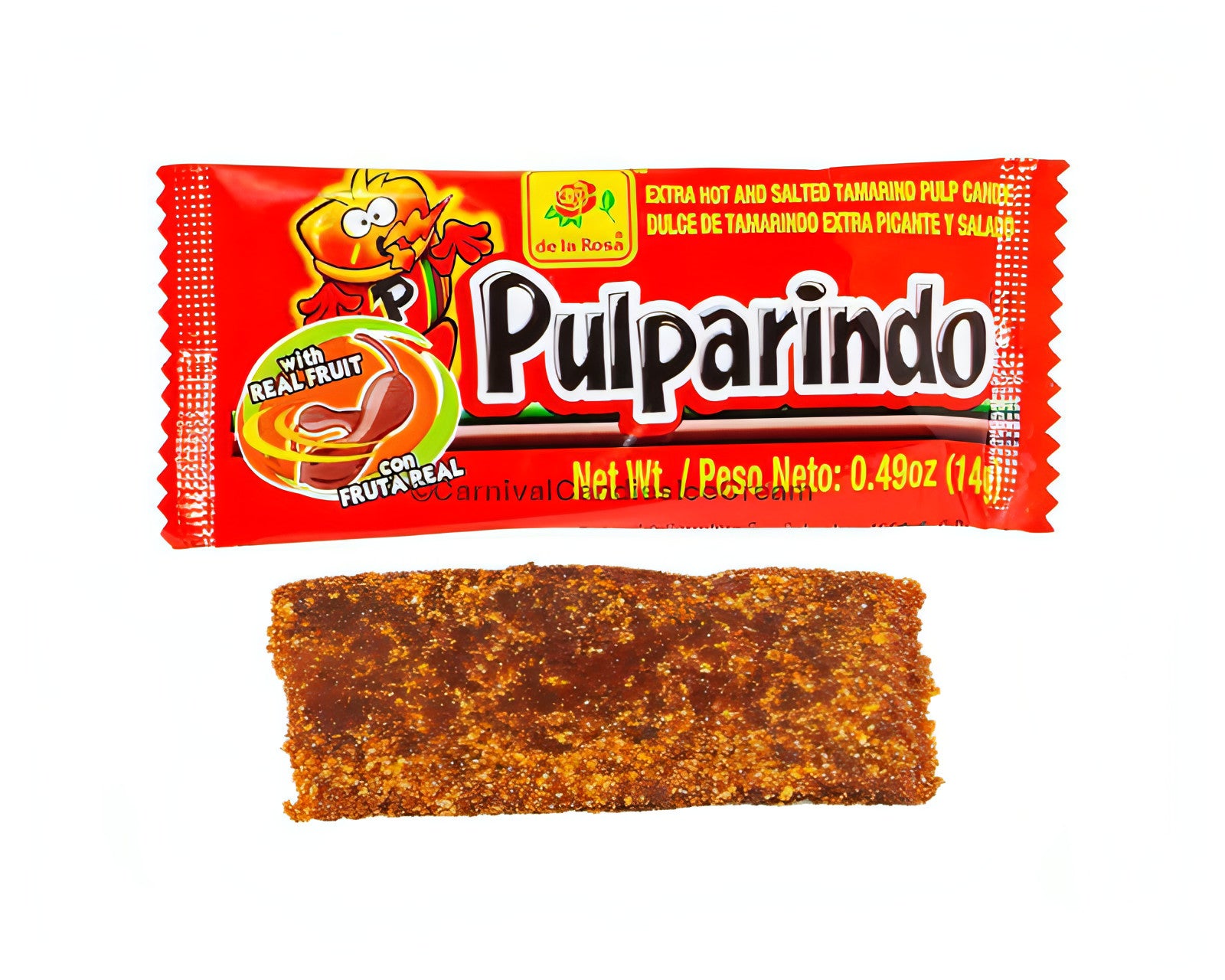 De La Rosa Pulparindo Extra Spicy candy, a spicy tamarind treat, available in bulk Mexican candy, 20 count.