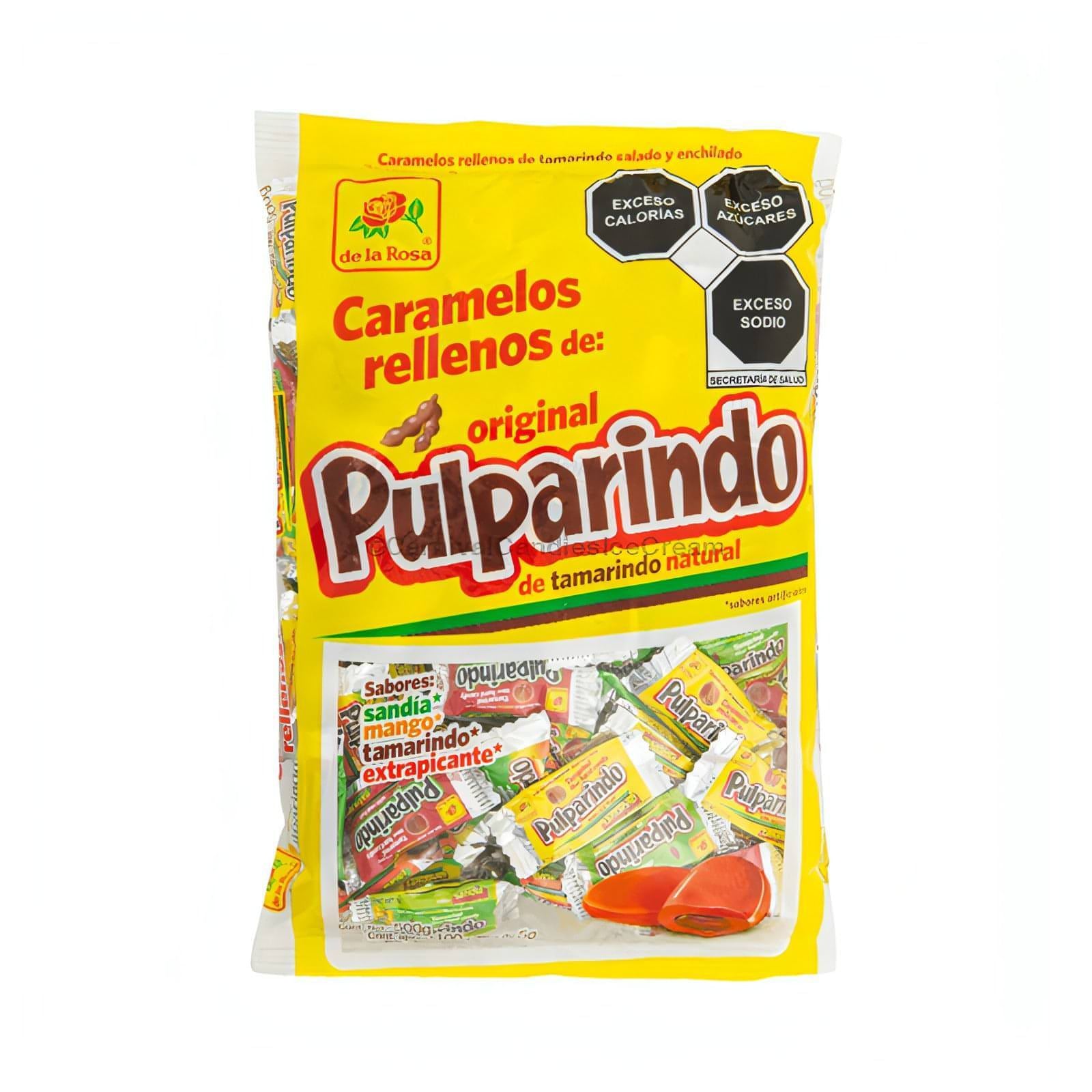 De La Rosa Pulparindo Mix Hard Candy bag showcasing various flavors of Mexican candy, including tamarind and spicy options.