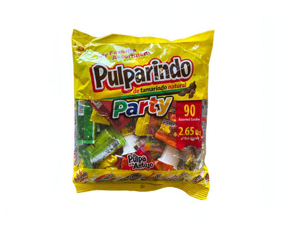 De La Rosa Pulparindo Party Mix bag containing assorted Mexican candy, 2.65 lbs of delicious tamarind treats.